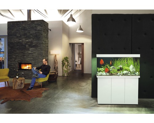 Woonkamer met open haard, aquarium en zittende man