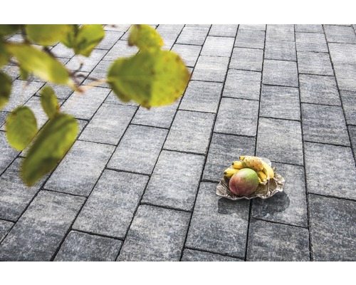 Bestrating van steen met fruitschaal in de tuin