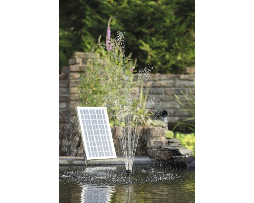 Zonnevijverfontein met waterspel in de tuinvijver