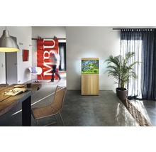 Woonkamer met aquarium op onderkast, eettafel en decoratie