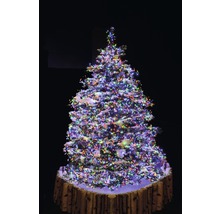 Kerstboom met veelkleurige verlichting en boomstandaard in houtlook