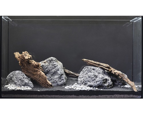 Aquarium met lavastenen en decoratie van wortelhout