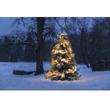 Versierde kerstboom in een besneeuwde buitenomgeving met verlichting