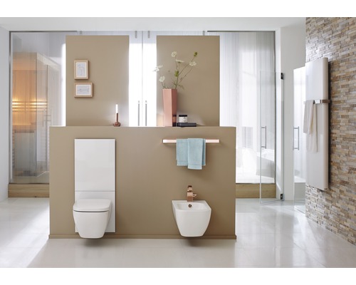 Moderne badkamer met wandcloset, bidet en handdoekradiator