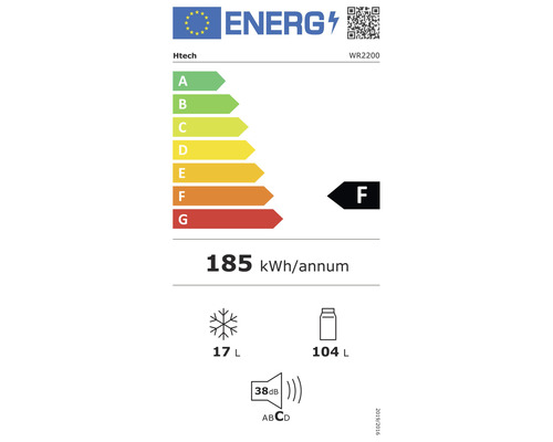 Energielabel Htech WR2200 met energie-efficiëntieklasse F, een jaarlijks energieverbruik van 185 kilowattuur, een vriesvolume van 17 liter, een koelvolume van 104 liter en een geluidsemissie van 38 decibel.