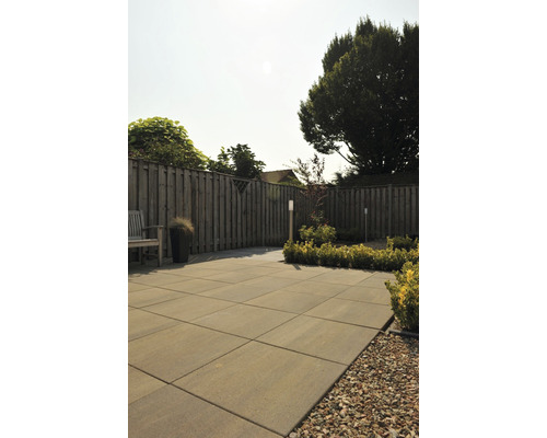 Tuin met stenen terras, houten schutting en beplanting