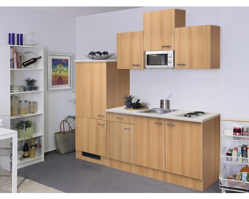 FLEX WELL Keukenblok met apparatuur Nano beuken-decor mat 210x60 cm Compacte keuken met bovenkasten, spoelbak en kookplaat