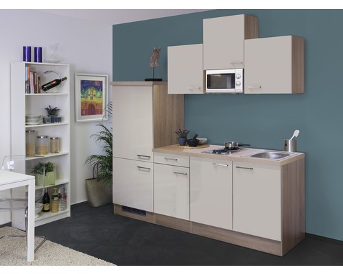 FLEX WELL Keukenblok met apparatuur Nepal kashmir glanzend 210x60 cm Keuken met bovenkasten, magnetron, spoelbak en kookplaat.