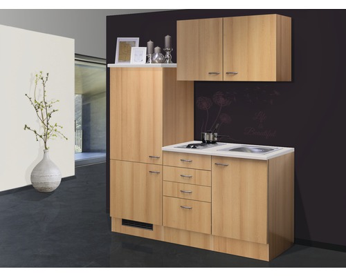 FLEX WELL Minikeuken met apparatuur Nano beuken-decor mat 160x60 cm Compacte keuken met spoelbak, kookplaat en opbergruimte