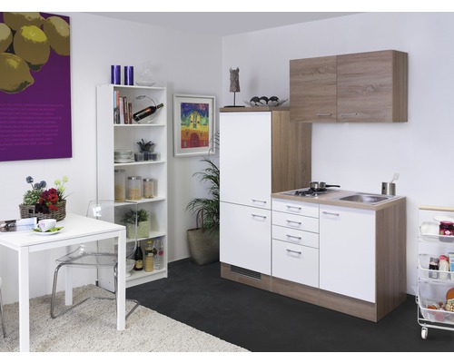 FLEX WELL Minikeuken met apparatuur Samoa wit en sonoma eiken mat 160x60 cm Keukenscène met kitchenette, tafel, stoel en plank