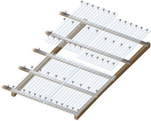 Opbouw van een transparante golfplaten overkapping met schroeven op een houten frame