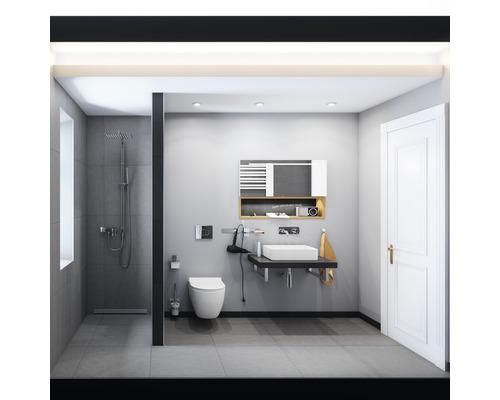 Moderne badkamer met douche, toilet, wastafel en opbergruimte