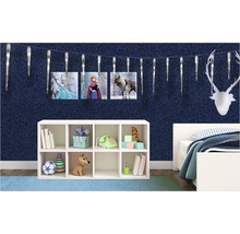 Decoratieve kinderkamer met plank, bed, afbeeldingen van Frozen en een glinsterende ijspegelketting.