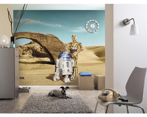 Woonkamer met Star Wars fotobehang, fauteuil, tapijt en ladekast