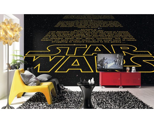 Kamer met Star Wars muurschildering, fauteuil, vloerkleed en televisie