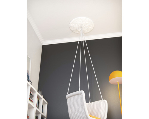 Interieurfoto van een kamer met een plafondrozet en een hangstoel