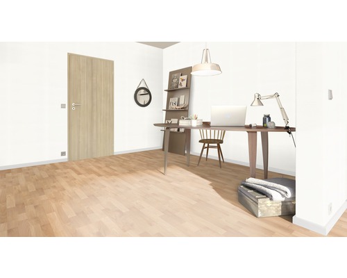 Interieurscène met houten deur, bureau, stoel en decoraties