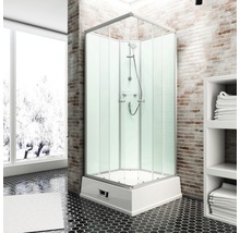 Douchecabine in badkamer met bakstenen muur en plank