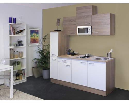 FLEX WELL Minikeuken met apparatuur Samoa wit en sonoma eiken mat 180x60 cm Compacte keuken met kasten, spoelbak, kookplaat, magnetron en plank
