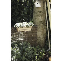 Tuinscene met bloembak, gevlochten schutting, boomstam, vogelhuis en tuingereedschap.