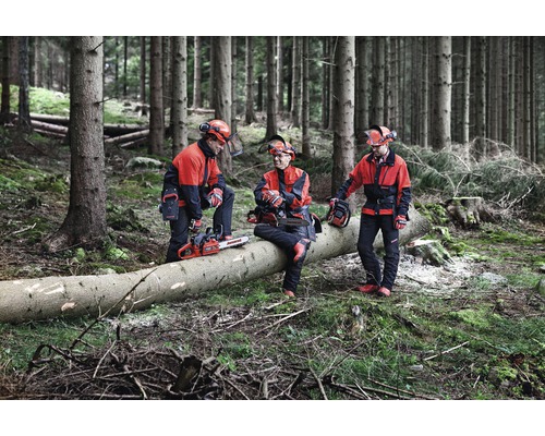 Drie bosarbeiders in beschermende kleding met kettingzagen in het bos.