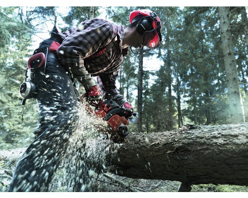 Bosarbeider zaagt met kettingzaag een boomstam in het bos.