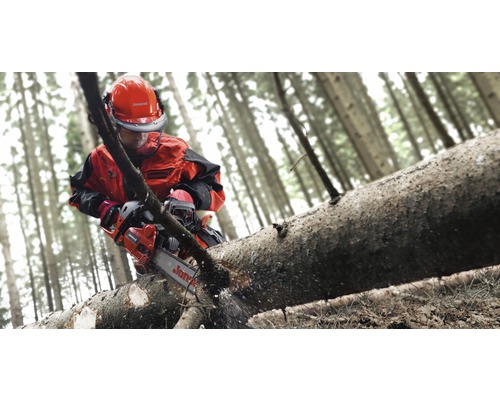 Bosarbeider met veiligheidskleding zaagt boomstam met een kettingzaag in een bos