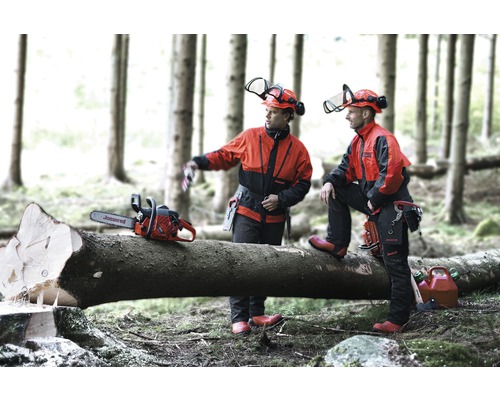 Twee bosarbeiders met veiligheidsuitrusting en kettingzaag in het bos