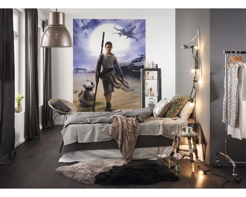 Slaapkamer met Star Wars fotobehang, bed, tapijt, lamp en decoraties