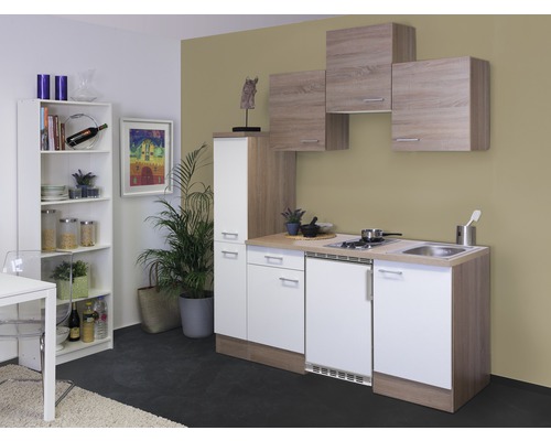 FLEX WELL Minikeuken met apparatuur Samoa wit en sonoma eiken mat 180x60 cm Compacte keuken met spoelbak, kookplaat, koelkast en hangkasten in een lichte ruimte.