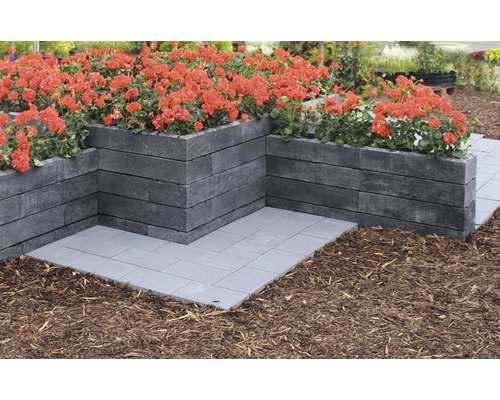 Verhoogde tuin met grijze plantenbakken en vloerplaten, beplant met rode bloemen.