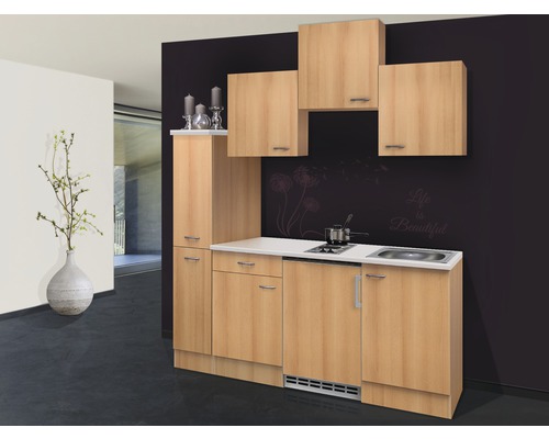 FLEX WELL Minikeuken met apparatuur Nano beuken-decor mat 180x60 cm Compacte keuken met spoelbak en kookplaat in modern design