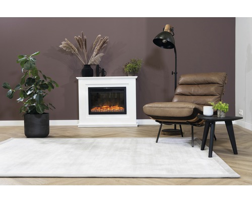 Woonkamer met tapijt, fauteuil, staande lamp en elektrische haard