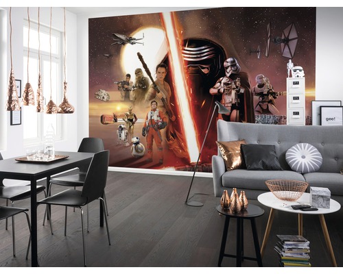 Woonkamer met Star Wars fotobehang, bank en eettafel