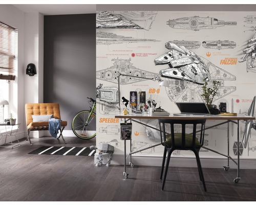 Kantoor met Star Wars behang, bureau en stoel