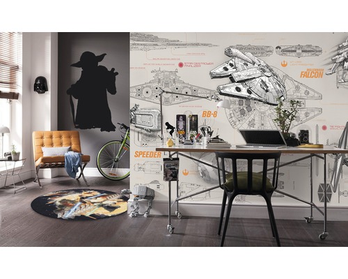 Decoratieve kamer met Star Wars artikelen zoals een vloerkleed, muursticker en behang