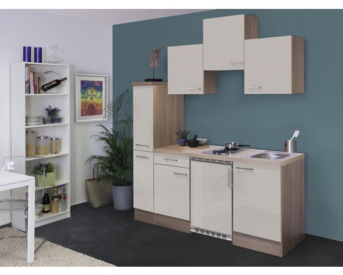 FLEX WELL Minikeuken met apparatuur Nepal kashmir glanzend 180x60 cm Compacte kitchenette met onderkasten, bovenkasten, gootsteen en kookplaat in een kamer met een plank.