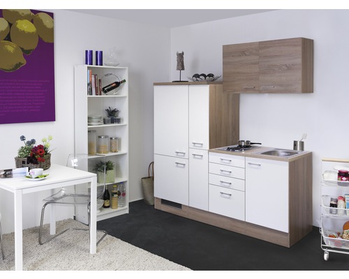 FLEX WELL Minikeuken met apparatuur Samoa wit en sonoma eiken mat 190x60 cm Compacte keuken met kitchenette, hoge kast, hangkast, rek en eettafel voor kleine ruimtes
