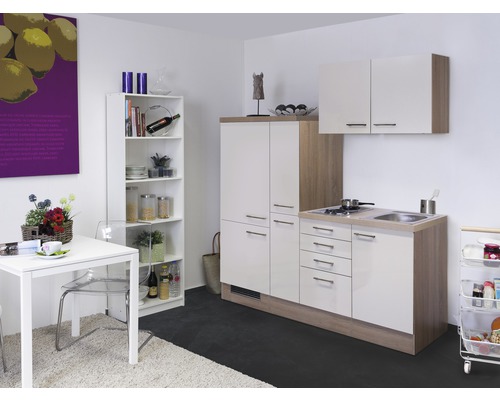 FLEX WELL Minikeuken met apparatuur Nepal kashmir glanzend 190x60 cm Compacte keuken met spoelbak, kookplaat, onderkasten en bovenkasten in een kleine ruimte.