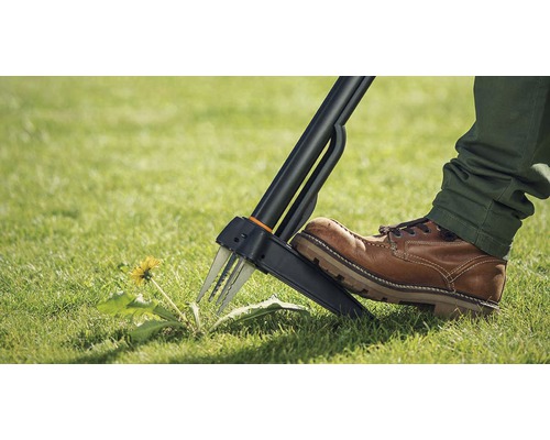Persoon gebruikt een onkruidsteker in de tuin om paardenbloemen te verwijderen.