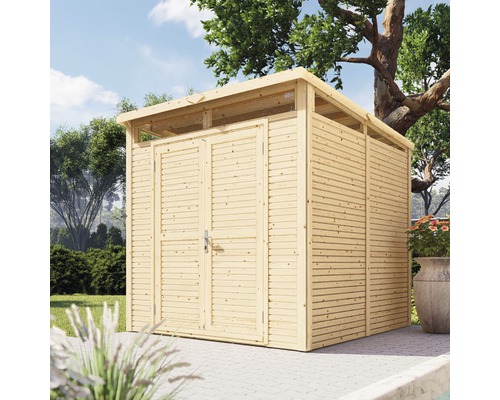 BERTILO Tuinhuis Woodline met lessenaarsdak en vloer onbehandeld, 226x234 cm Houten tuinkast met dubbele deur voor buitenopslag