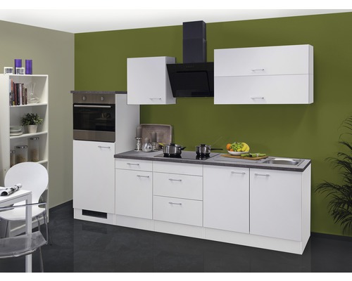 FLEX WELL Keukenblok met apparatuur Lucca wit mat 270x60 cm Keukenblok met spoelbak, kookplaat, afzuigkap en hoge kast met oven