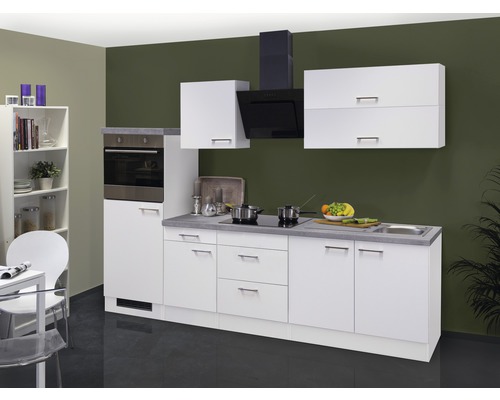 FLEX WELL Keukenblok met apparatuur Varo wit mat 270x60 cm Keuken met spoelbak, kookplaat, afzuigkap, hangkasten en inbouwoven in een heldere ruimte