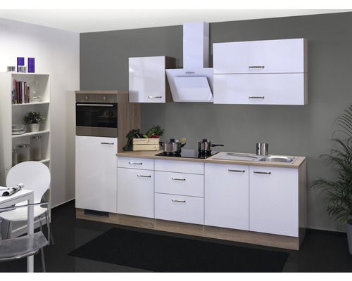 FLEX WELL Keukenblok met apparatuur Valero wit hoogglans 270x60 cm Keukenblok met hangkasten, gootsteen, fornuis en oven