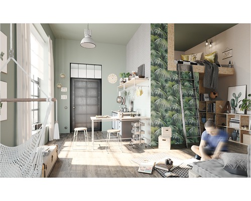 Lichte woonkamer met hoogslaper, ladder, hangmat en keukenhoek