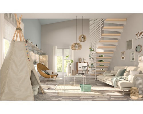 Lichte woonkamer met tipi, wenteltrap en bank