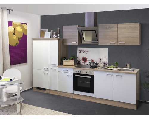 FLEX WELL Keukenblok met apparatuur Samoa wit en sonoma eiken mat 300x60 cm Keuken met boven- en onderkasten, inbouwoven, spoelbak en afzuigkap