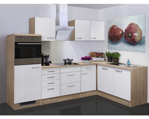 FLEX WELL Hoekkeuken met apparatuur Valero wit hoogglans 280x170 cm Lichte inbouwkeuken met elektrische apparaten en werkblad in houtlook