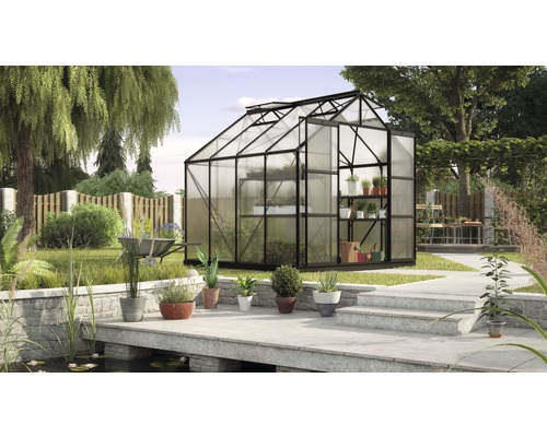 VITAVIA Kweekkas Uranus 6700 zwart met kanaalplaten 4 mm 257 x 258 cm Tuinkas in de tuin met planten en tuingereedschap