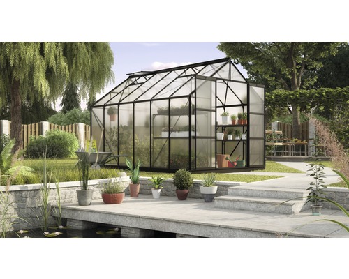 VITAVIA Broeikas Uranus 9900 kanaalplaten 6 mm 257x383 cm zwart Kas in de tuin met plantenrek en tuingereedschap